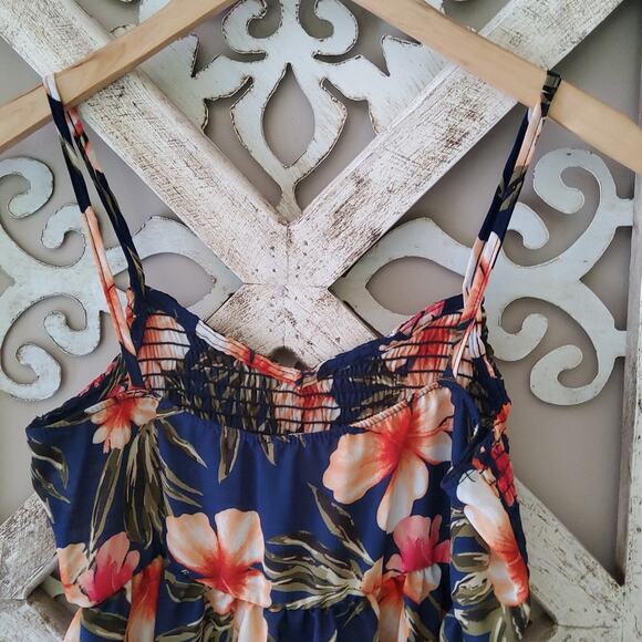 Perfect Peach Babydoll Peplum Flowy Smocked Tank Top Tropical Hibiscus Hawaiian - Picture 5 of 8